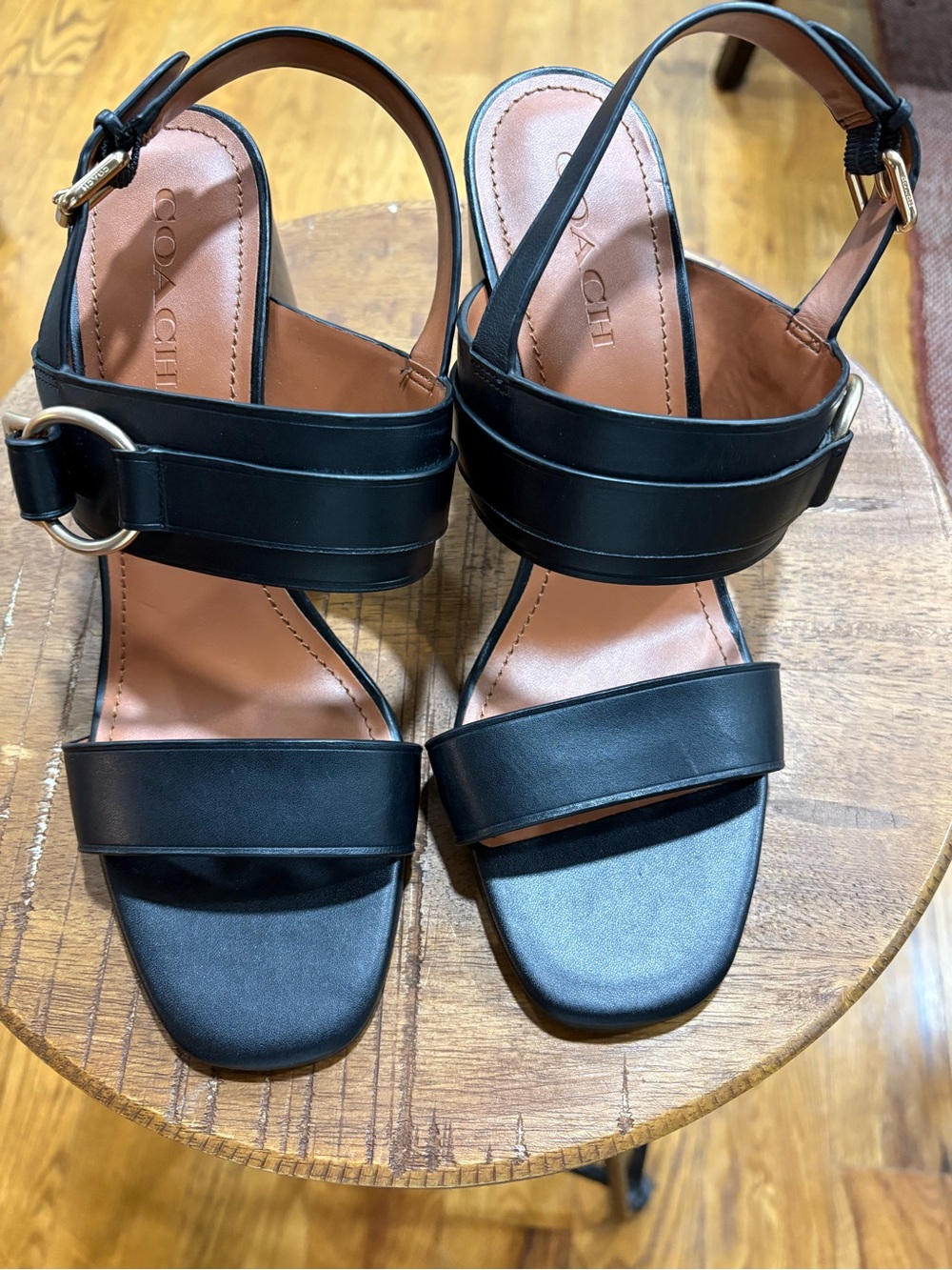 Coach Black Leather Double-Strap Block Heel Sandals